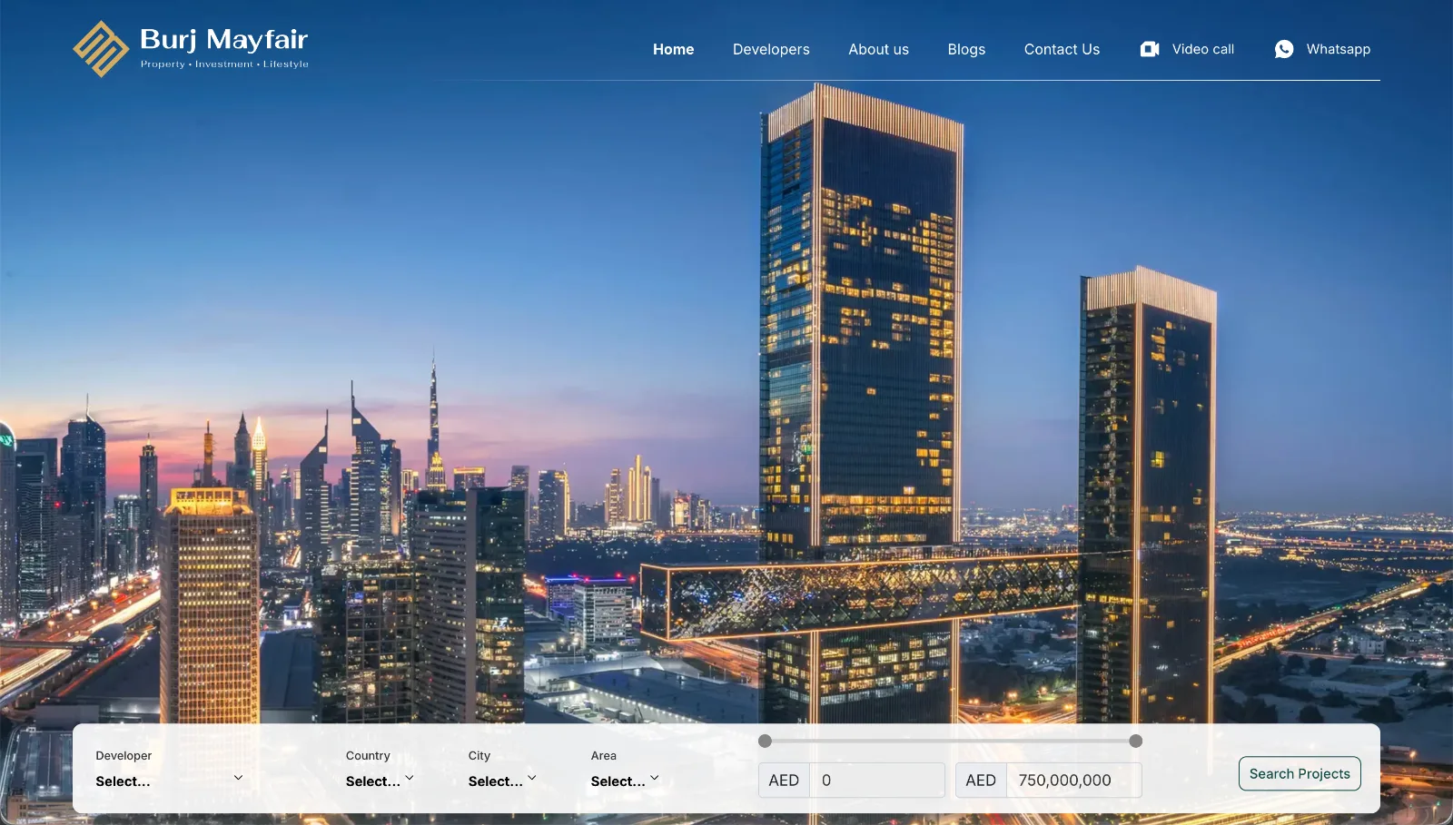 The Burj Mayfair homepage, with a project search filtered by budget, developer, country and city